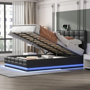 Queen Size Floating Bed Frame LED Tuled ja USB-Laadimine,Kaasaegne Polsterdatud Platvorm LED-Voodi Raam,Must