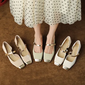Naiste üks rida luku värvi sobitamise paksud kontsad ja madal lõigatud Mary Jane kingad