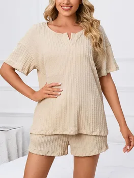 Naiste 2 Töö Pidžaama Komplekt Solid Color Lühikese Varrukaga Topid ja Elastsed Püksid Lahti Pehme Sleepwear jaoks Nightwear Siserõivad