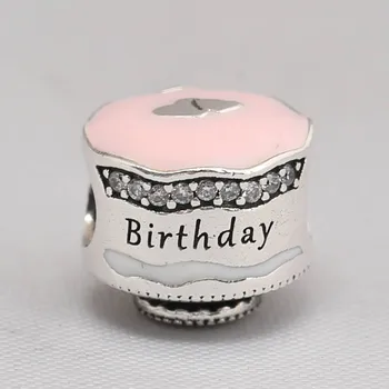 S925 Sterling Hõbe Võlu Roosa Emailiga Happy Birthday Cake Kristall Rant Fit Naiste Käevõru Käevõru DIY Ehted