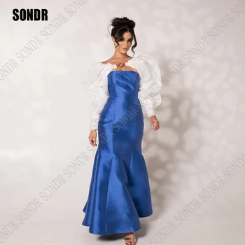 SONDR Elegantne Blue Satiin Õhtu Pool Kleidid Täis Varrukad Merineitsi Saudi araabia Naiste 2023 Dubai Ametlik Öö Hommikumantlid Kord