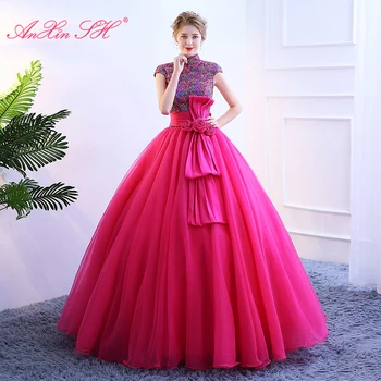 AnXin SH printsess roosa pits värvikas kõrge kaeluse, lühikeste varrukate vintage profileerimine tõusis suur vibu vastuvõtva pall kleit pruut õhtu kleit