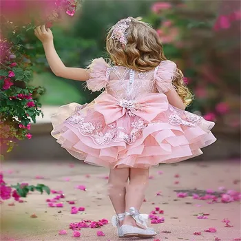Roosa Esimene Õhtusöömaaeg Printsess Suled Varrukad Vibu Flower Girl Kleidid 2023 Sünnipäeva Kleit Lapsed Palli Pidu Kleit
