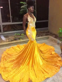 Kuld Aafrika-Ameerika Tanssiaiset Kleidid Mermaid V-kaeluse Velvet Appliques Must Tüdrukud Nigeeria Rüü De Iltamat Õhtu Kleit Kleit