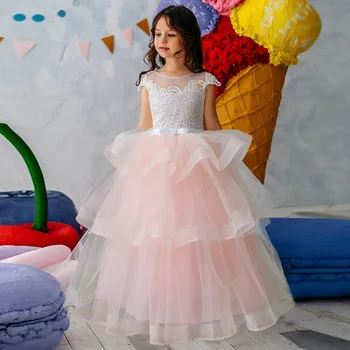 Valge Roosa Flower Girl Kleidid Pulm Ruffles Pits Tülli Ilu O-kaeluse Võistlused Kleit Printsess Sünnipäeva Pall Kleit