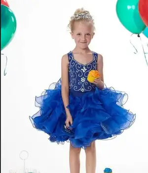 Kuninglik Sinine Beaded Pageant Dress for Kids Laste Sünnipäeva Pall Kleit Ruffles Astmeline Lühike Flower Girl Dress Prom Riided