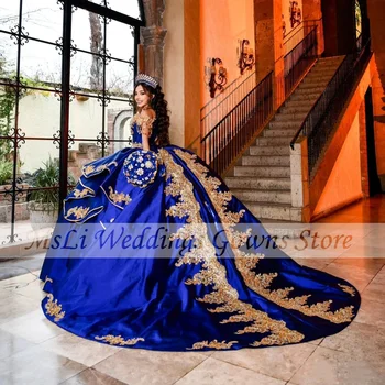 Luksuslik Royal Blue Quinceanera Kleidid Mehhiko Tüdruk Helmed Appliques Pall Hommikumantlid Vestidos De 15 Quinceañera Sünnipäeva Tanssiaiset Kleit