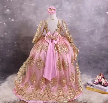 Kuld Pits Applique Roosa Tüll Satiin Sünnipäeva Tüdrukute Kleit Lapse Esimene Õhtusöömaaeg Kleit Uus Aasta jõulupidu Kleit