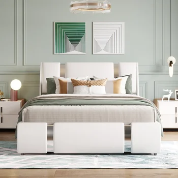 Valge Full Size Pehme Faux Nahast Platvorm voodi koos Hüdraulilise Ladustamise Süsteem, sise-magamistoa mööbel