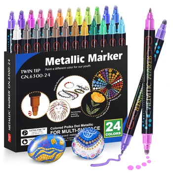 Metallik Sm-i 24 Värvid Akrüül Värvi Markerid, Dual Nippi Pliiatsid koos Dot Otsa ja Peene Nipp, Metallist Pliiatsid Maali